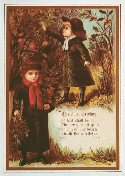 Dos niños victorianos recogiendo bayas de otoño y muérdago de English School